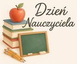 Grafika z jabłkiem, książkami i tablicą z okazji Dnia Nauczyciela